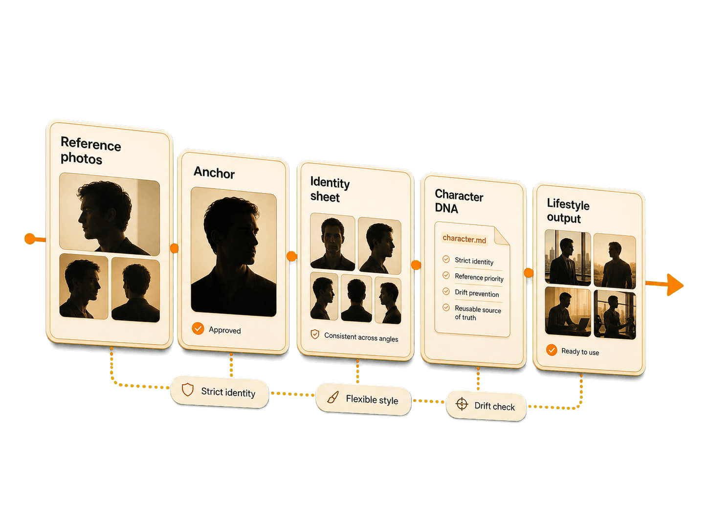 Layered Character.md workflow visual showing reference photos, anchors, identity sheets, Character DNA, and lifestyle output.