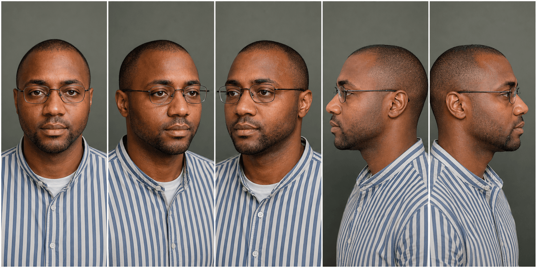 Five-panel identity sheet.